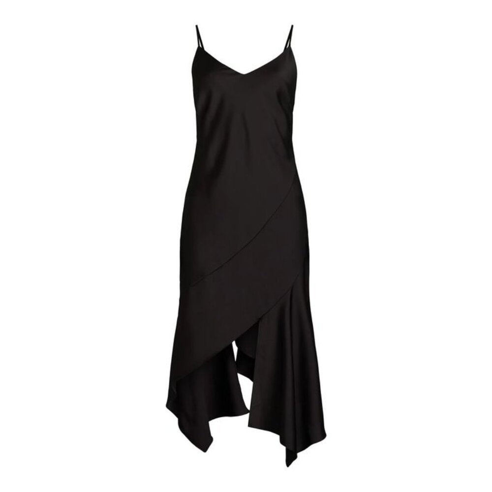 NWT, SZ L, Bias Cut Satin Maxi Dress w/ Handkerchief Hem, BLACK